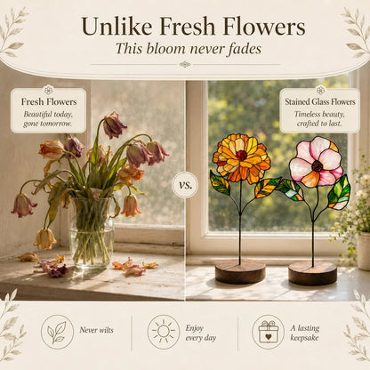💐Stained Glass Flower Tabletop Ornament, Colorful Floral Suncatcher Stand Decor