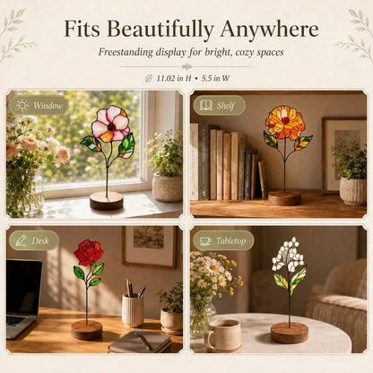 💐Stained Glass Flower Tabletop Ornament, Colorful Floral Suncatcher Stand Decor