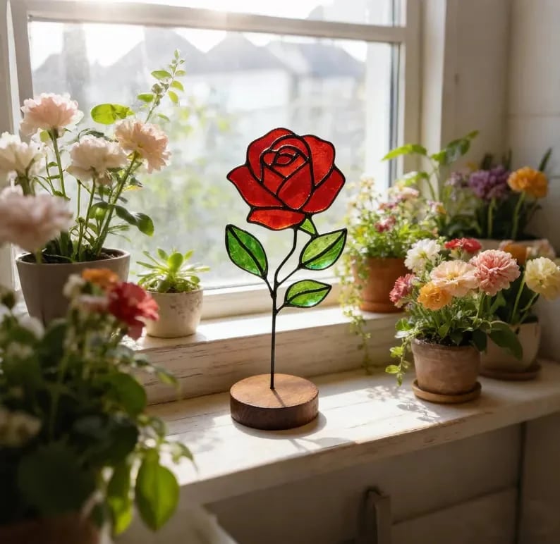 💐Stained Glass Flower Tabletop Ornament, Colorful Floral Suncatcher Stand Decor