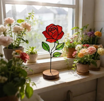 💐Stained Glass Flower Tabletop Ornament, Colorful Floral Suncatcher Stand Decor