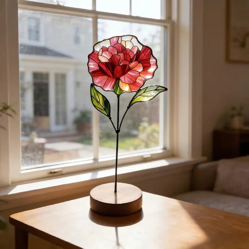 💐Stained Glass Flower Tabletop Ornament, Colorful Floral Suncatcher Stand Decor