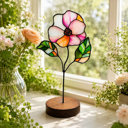 💐Stained Glass Flower Tabletop Ornament, Colorful Floral Suncatcher Stand Decor