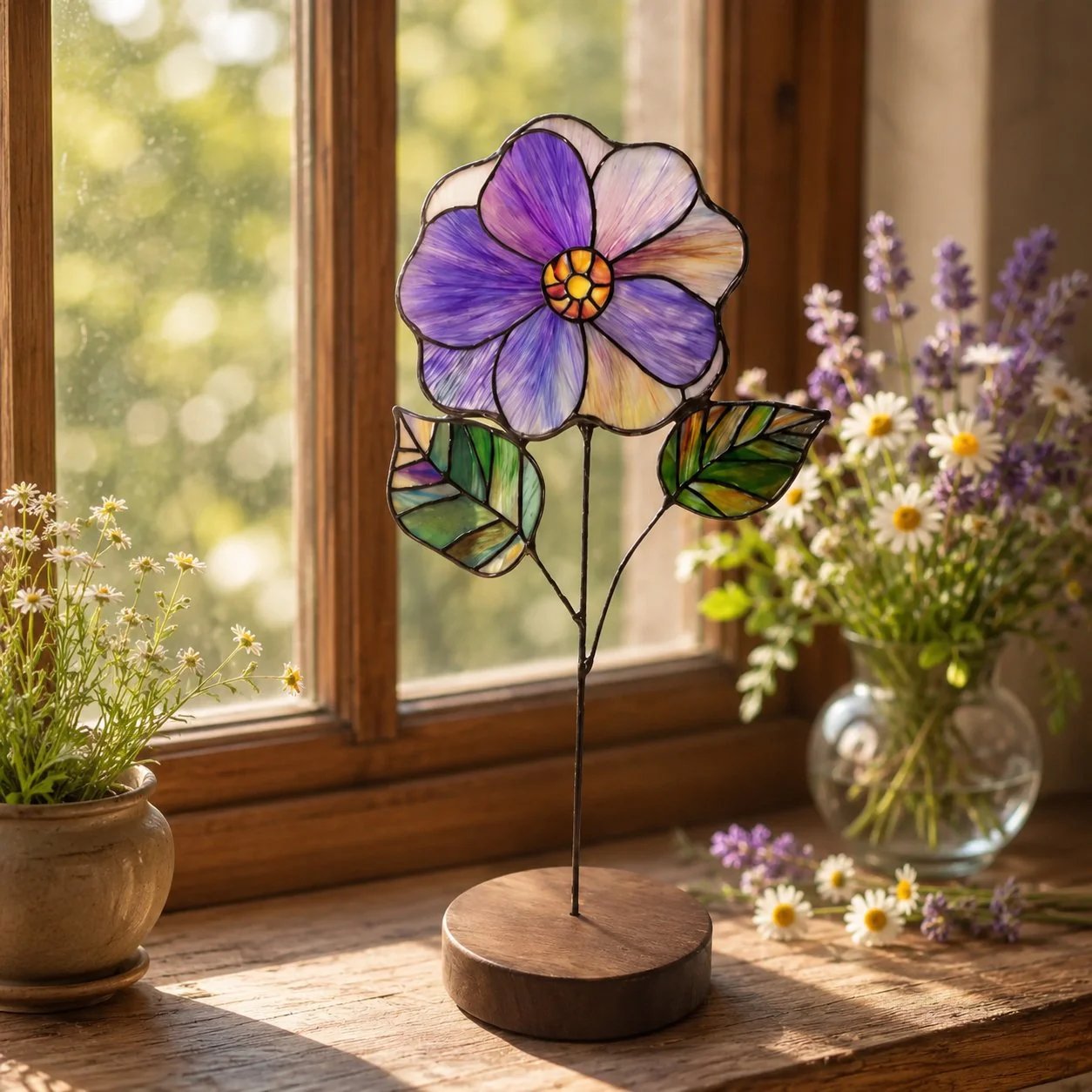 💐Stained Glass Flower Tabletop Ornament, Colorful Floral Suncatcher Stand Decor
