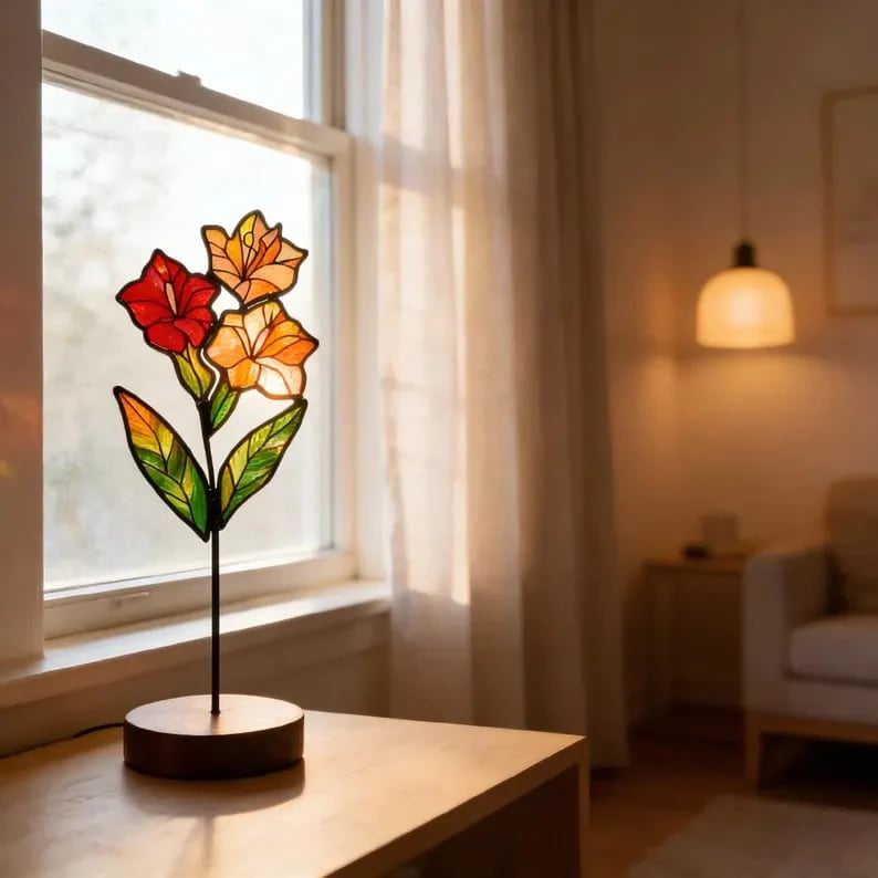 💐Stained Glass Flower Tabletop Ornament, Colorful Floral Suncatcher Stand Decor