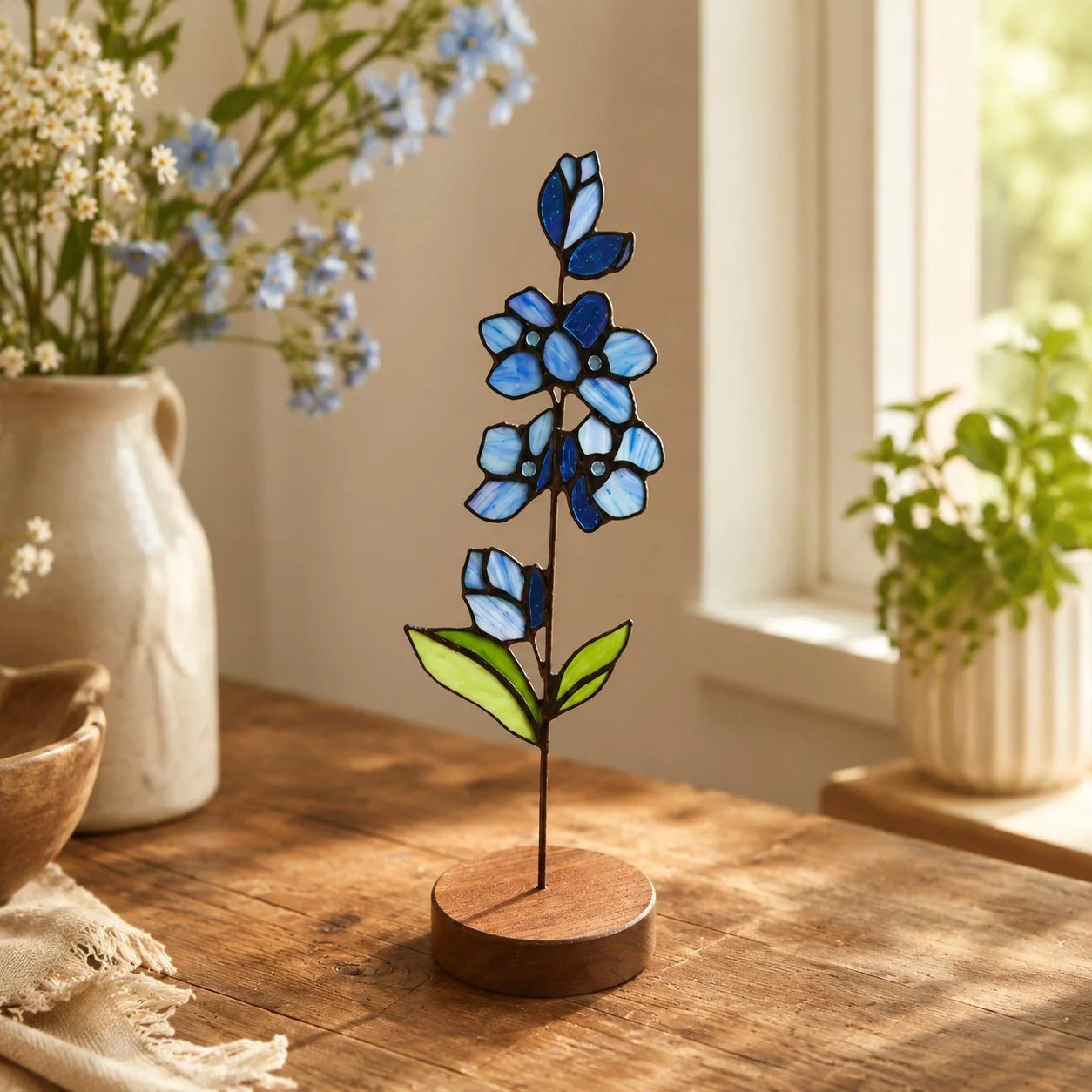 💐Stained Glass Flower Tabletop Ornament, Colorful Floral Suncatcher Stand Decor