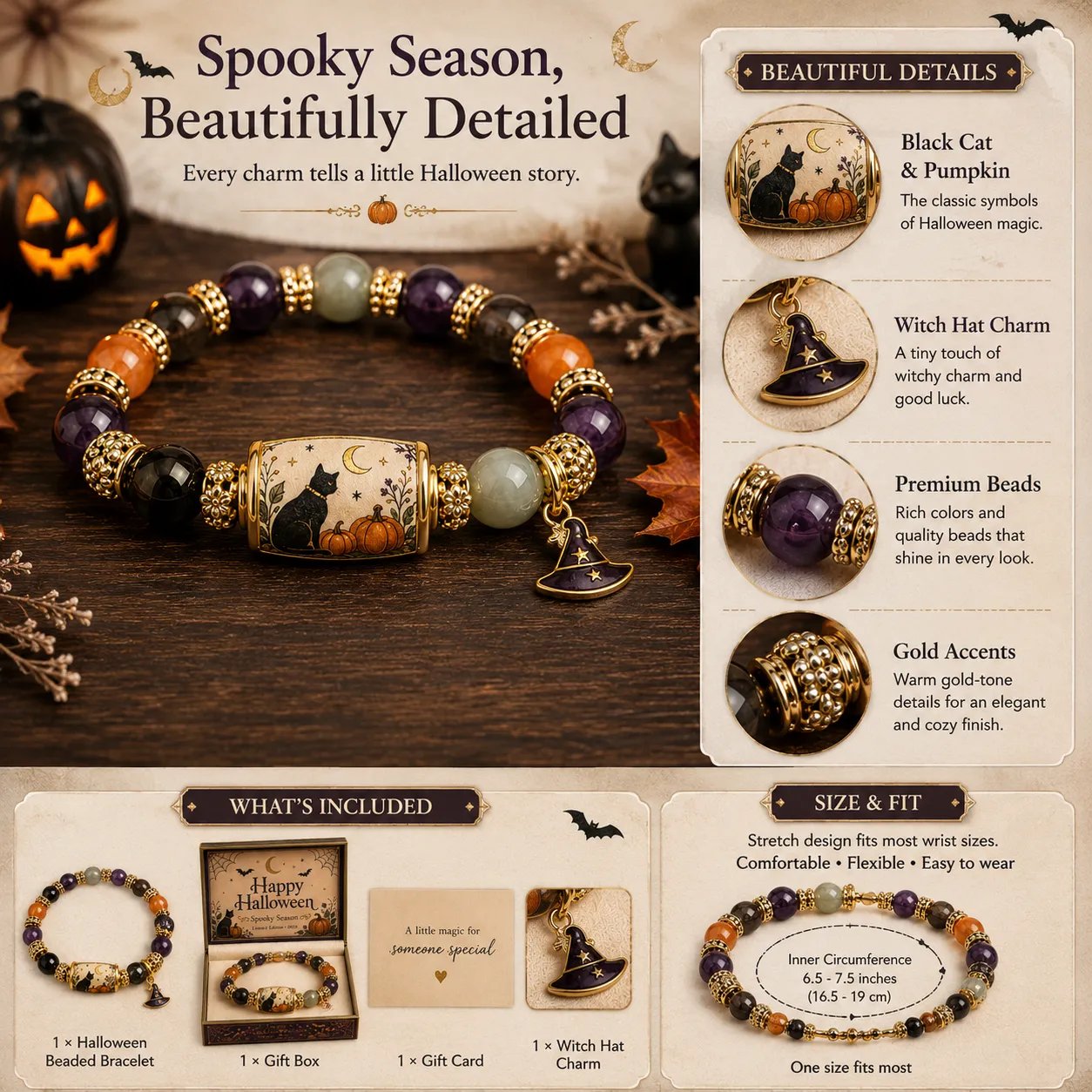 👻Limited Edition 2026 Halloween Black Cat Pumpkin Beaded Bracelet Gift Set