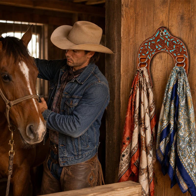 Handcrafted Leather Horseshoe   Wild Rag Holder | Western Scarf   & Bandana Organizer
