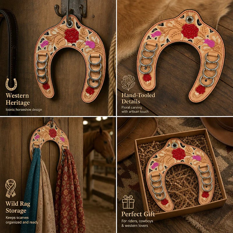 Handcrafted Leather Horseshoe   Wild Rag Holder | Western Scarf   & Bandana Organizer