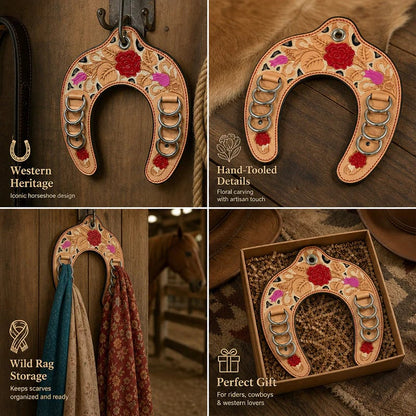 Handcrafted Leather Horseshoe   Wild Rag Holder | Western Scarf   & Bandana Organizer