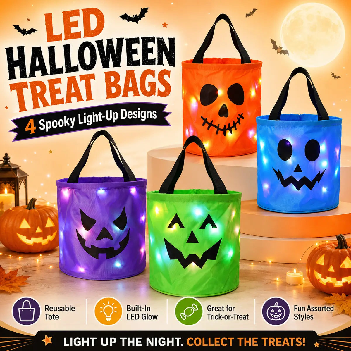 🔥Limited Time 50% OFF🍬 4 Pack LED Light Up Halloween Trick Or Treat Bucket Set