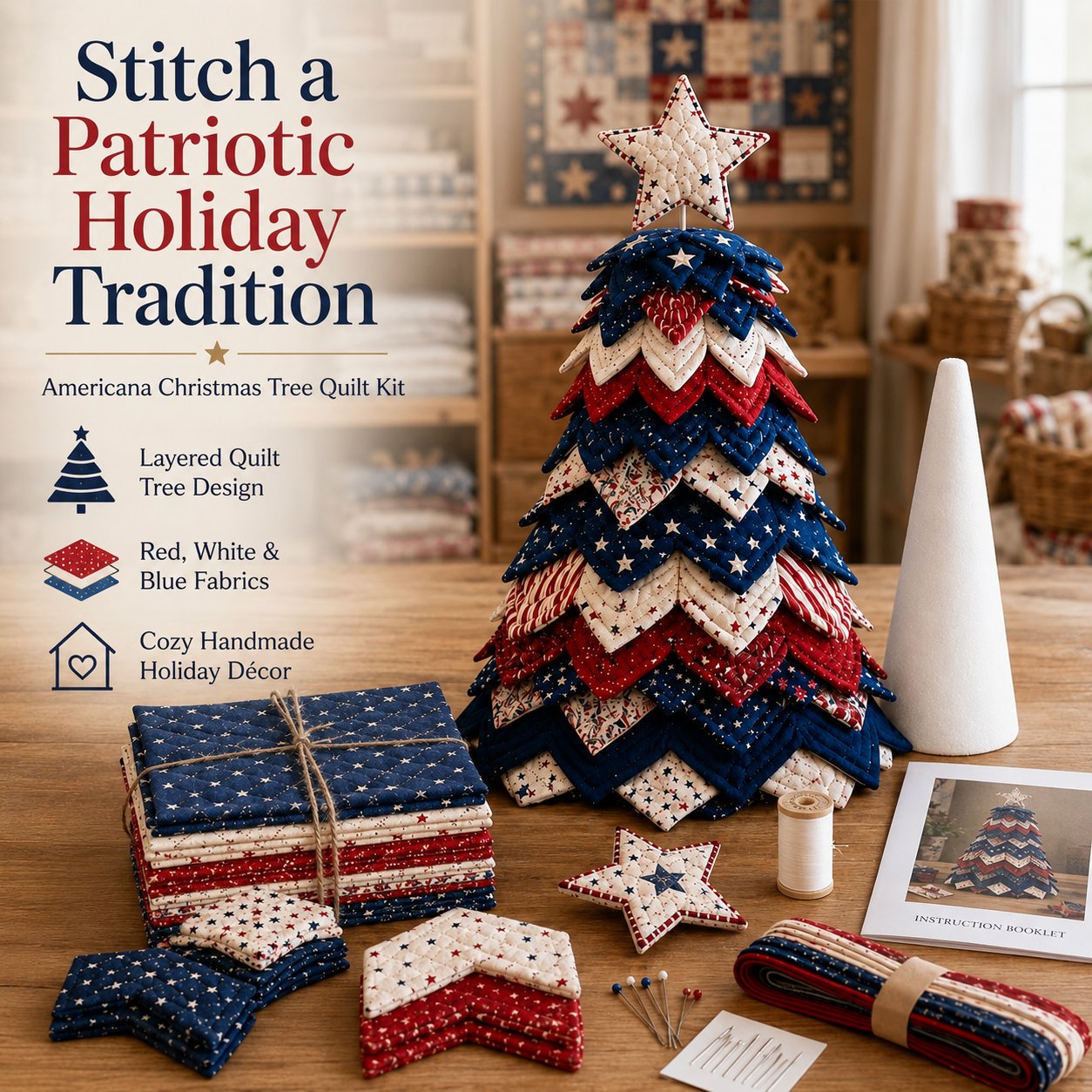 🔥Last Day 50% OFF - 🇺🇸 Americana Christmas Tree Quilt Kit | All-in-One Christmas Quilting Craft Kit