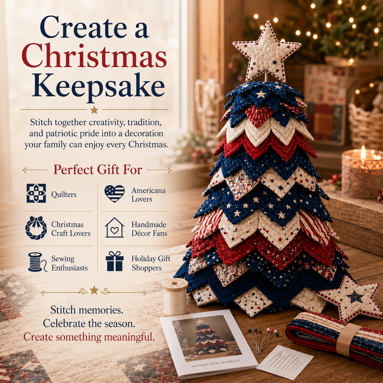 🔥Last Day 50% OFF - 🇺🇸 Americana Christmas Tree Quilt Kit | All-in-One Christmas Quilting Craft Kit