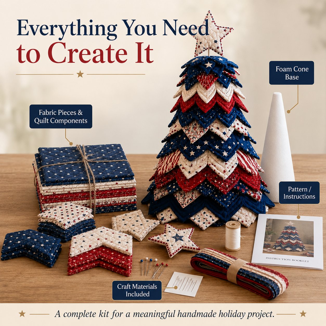 🔥Last Day 50% OFF - 🇺🇸 Americana Christmas Tree Quilt Kit | All-in-One Christmas Quilting Craft Kit