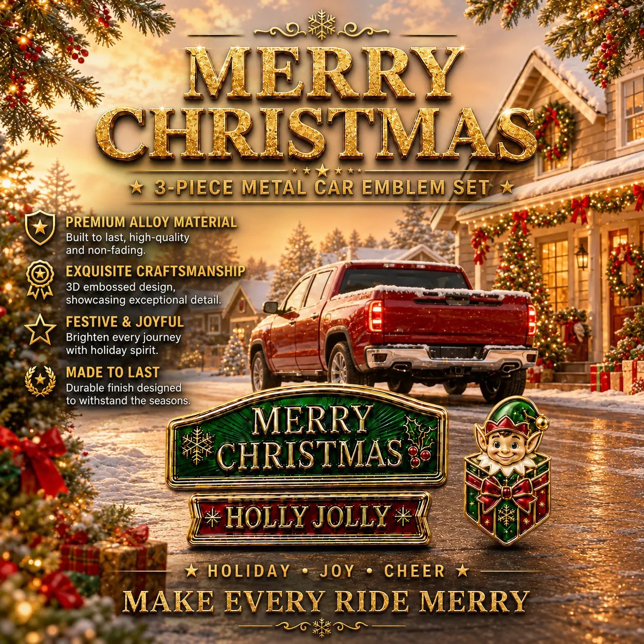 🔥 50K+ SOLD – 🎄 3-Piece Christmas Car Emblem Metal Badge Set