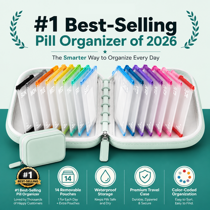 2‑Week Travel Pill Organizer with 14 Color‑Coded Reusable Pill Pouches