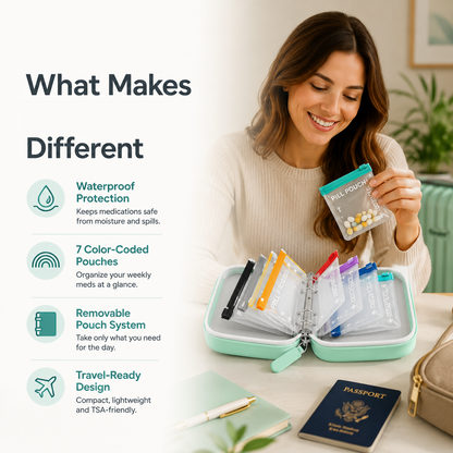 2‑Week Travel Pill Organizer with 14 Color‑Coded Reusable Pill Pouches