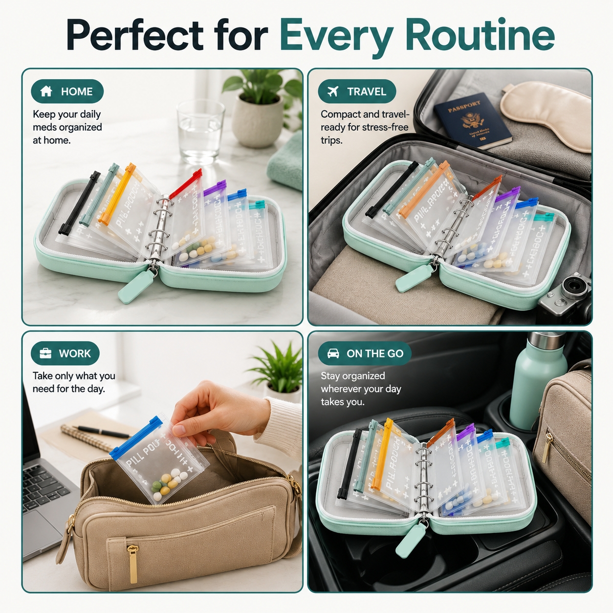 2‑Week Travel Pill Organizer with 14 Color‑Coded Reusable Pill Pouches
