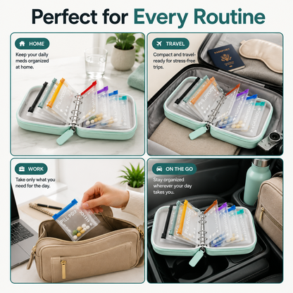 2‑Week Travel Pill Organizer with 14 Color‑Coded Reusable Pill Pouches
