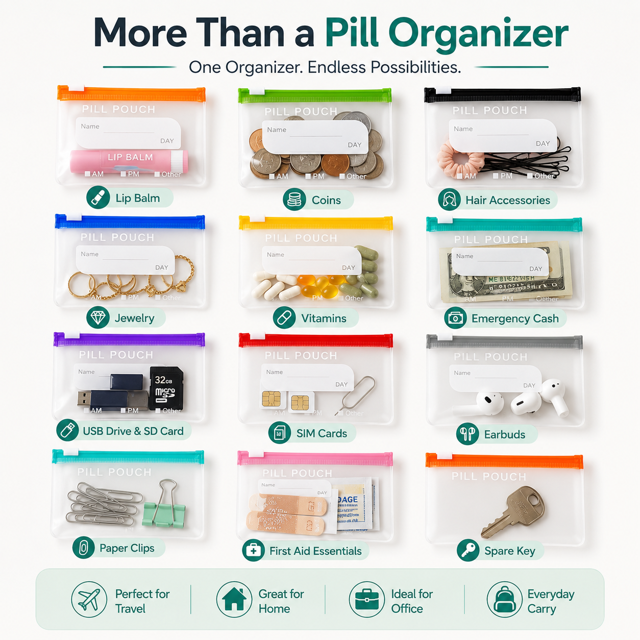 2‑Week Travel Pill Organizer with 14 Color‑Coded Reusable Pill Pouches