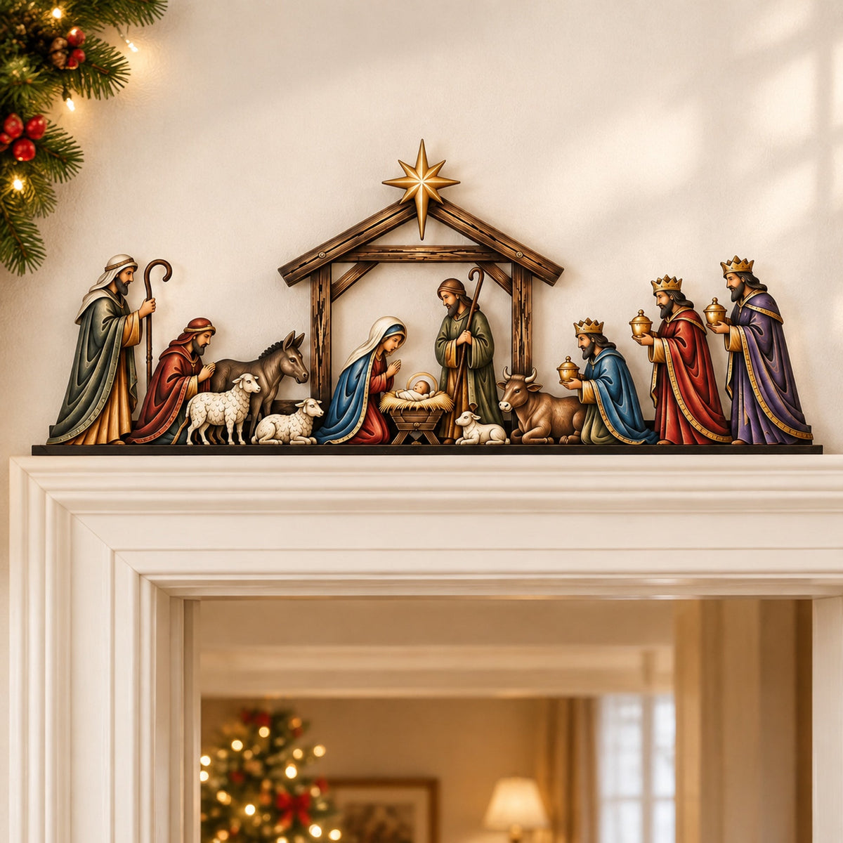 Nativity scene door topper displayed above a Christmas doorway