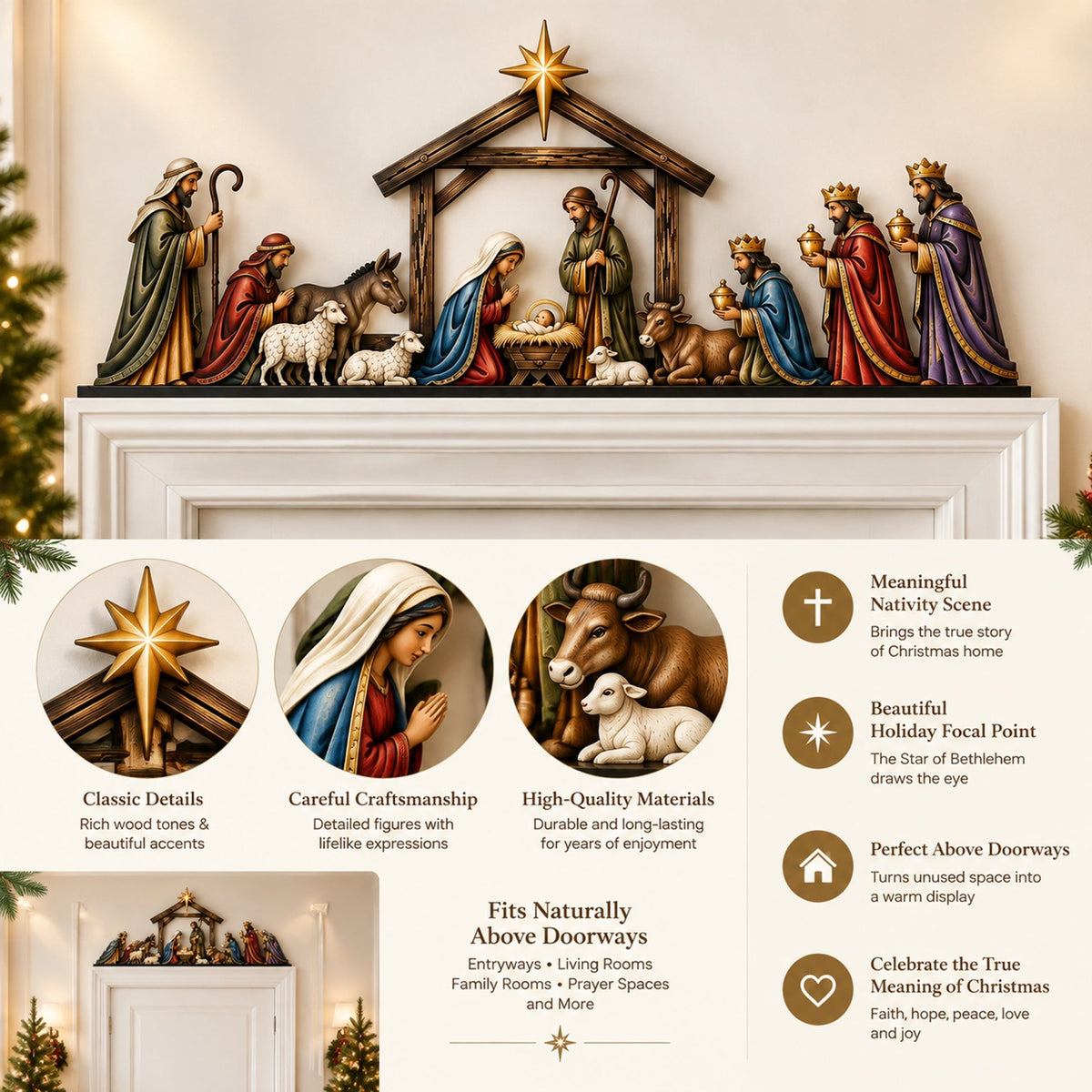 Nativity scene door topper with close-up feature details