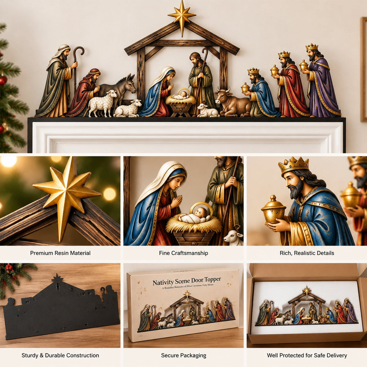 Close-up details and packaging of nativity scene door topper