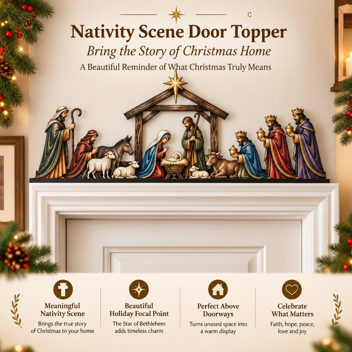 Nativity Scene Door Topper with English feature callouts