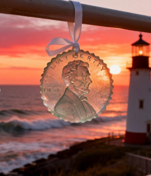 One-cent commemorative coin transparent sea glass pendant