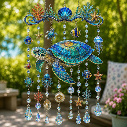🌊Ocean Creature Stained Glass Wind Chime Suncatcher,Handmade Coastal Hanging Ornament