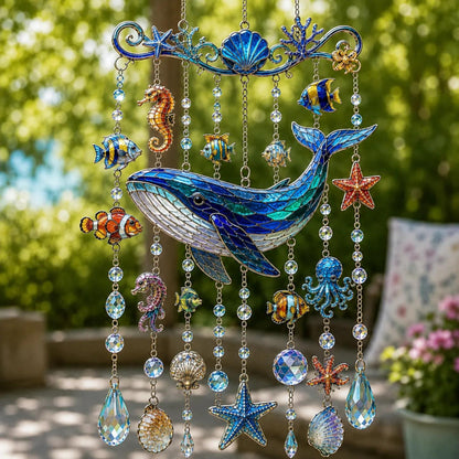🌊Ocean Creature Stained Glass Wind Chime Suncatcher,Handmade Coastal Hanging Ornament