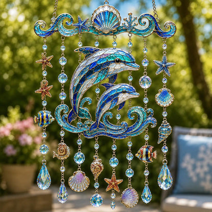 🌊Ocean Creature Stained Glass Wind Chime Suncatcher,Handmade Coastal Hanging Ornament