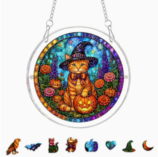 DIY Acrylic Halloween Fall Puzzle Suncatcher, Stained Glass Style Window Light Catcher
