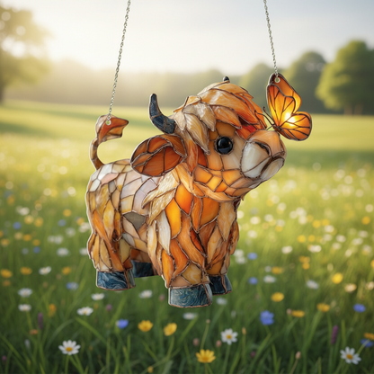 Highland Cow Butterfly Suncatcher | Stained Glass Style Window Hanging