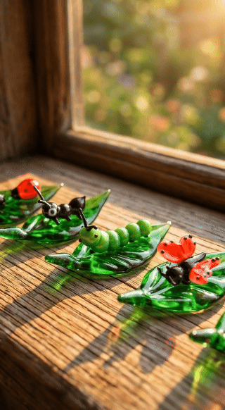 🔥Handmade Glass Insect Figurines on Leaf Base - Cute Mini Decor, Perfect Gift for Nature Lovers