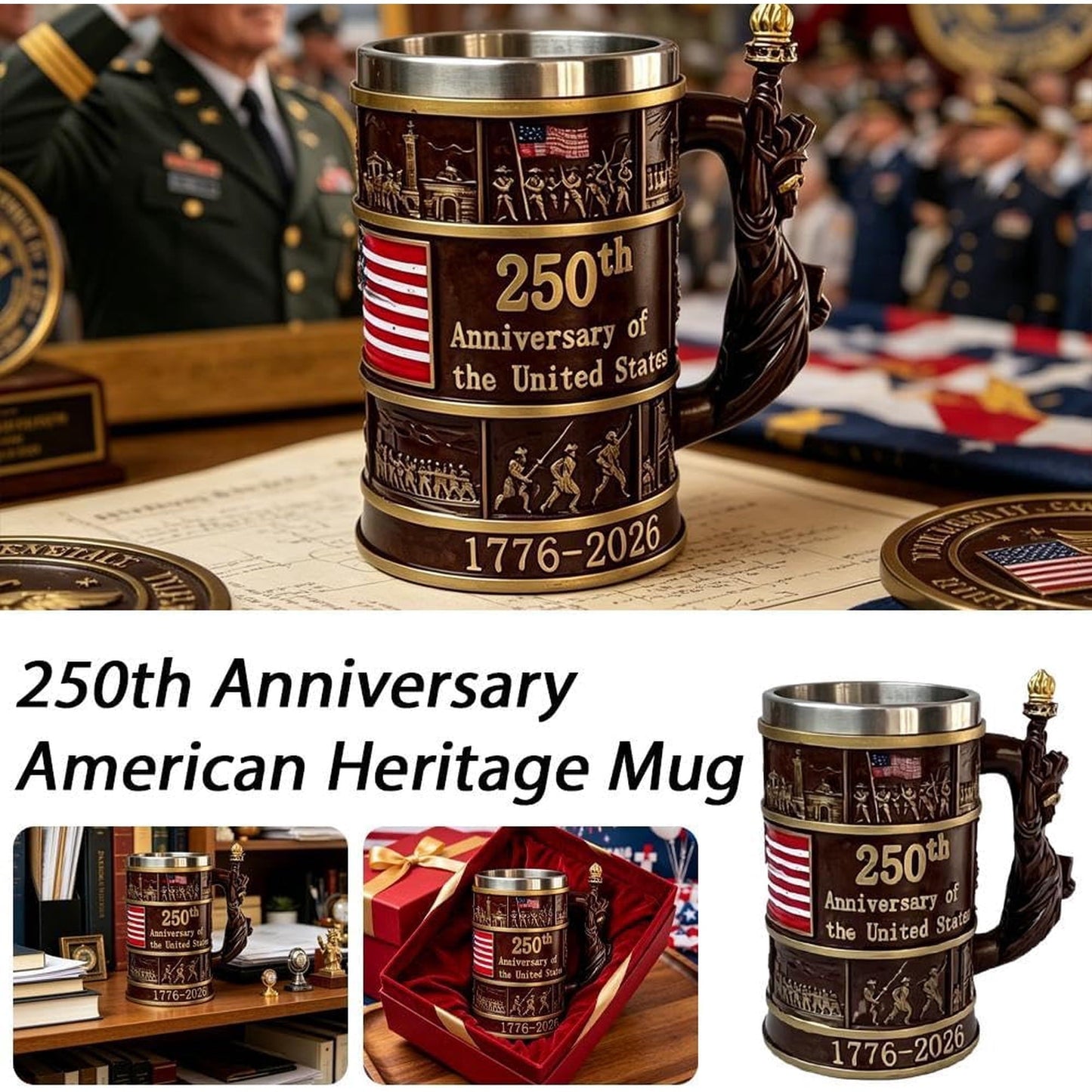 250th Anniversary 3D American Flag Mug, Double Wall Resin & Stainless Steel