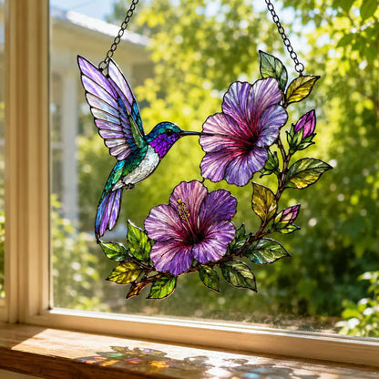 Hummingbird Floral Stained Glass Style Acrylic Suncatcher Window Hanging Ornament