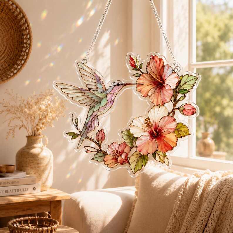 Hummingbird Floral Stained Glass Style Acrylic Suncatcher Window Hanging Ornament