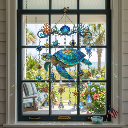 🌊Ocean Creature Stained Glass Wind Chime Suncatcher,Handmade Coastal Hanging Ornament