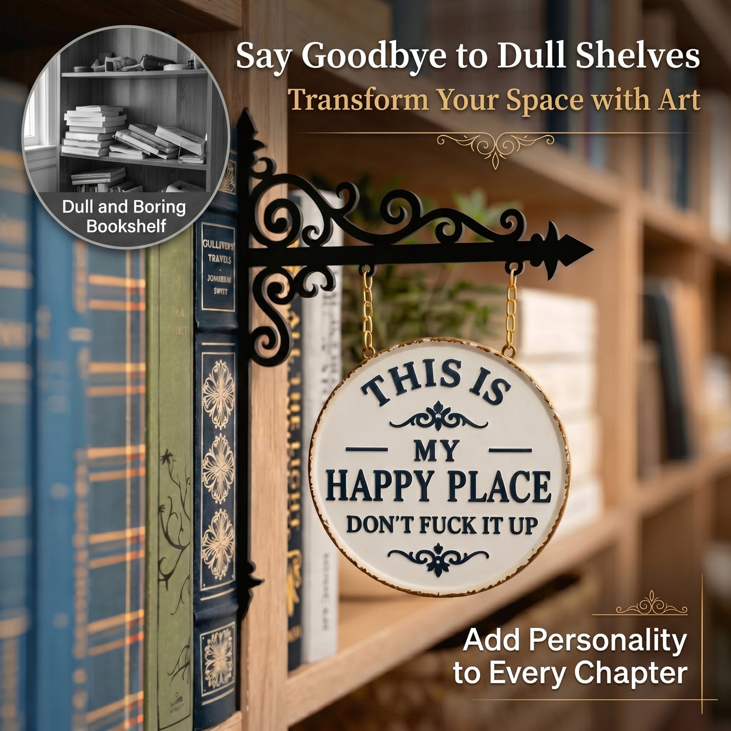 Funny "This Is My Happy Place" Hanging Sign, Whimsical Bookshelf Decor