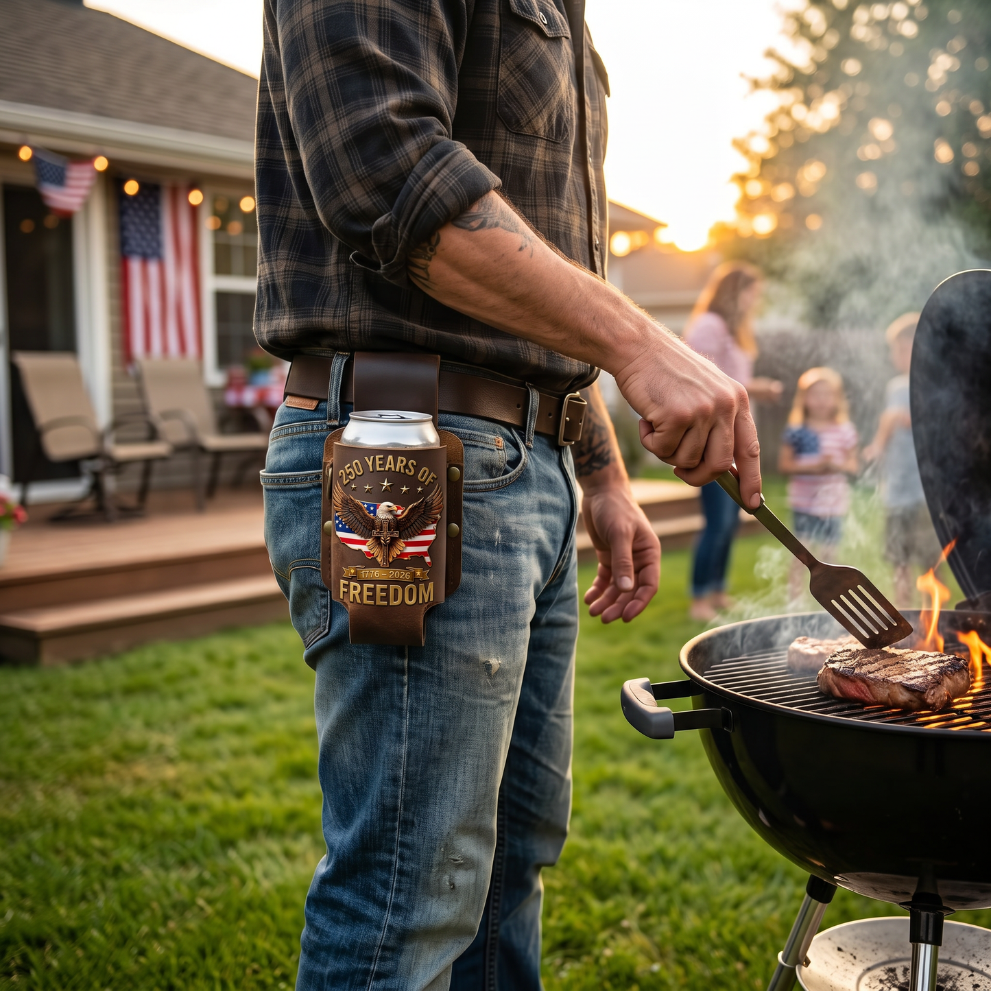 Full Grain Leather Belt Drink Holster | 250 Years of Freedom Eagle USA Can Cooler