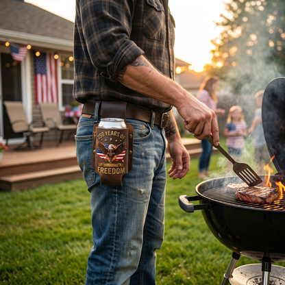 Full Grain Leather Belt Drink Holster | 250 Years of Freedom Eagle USA Can Cooler