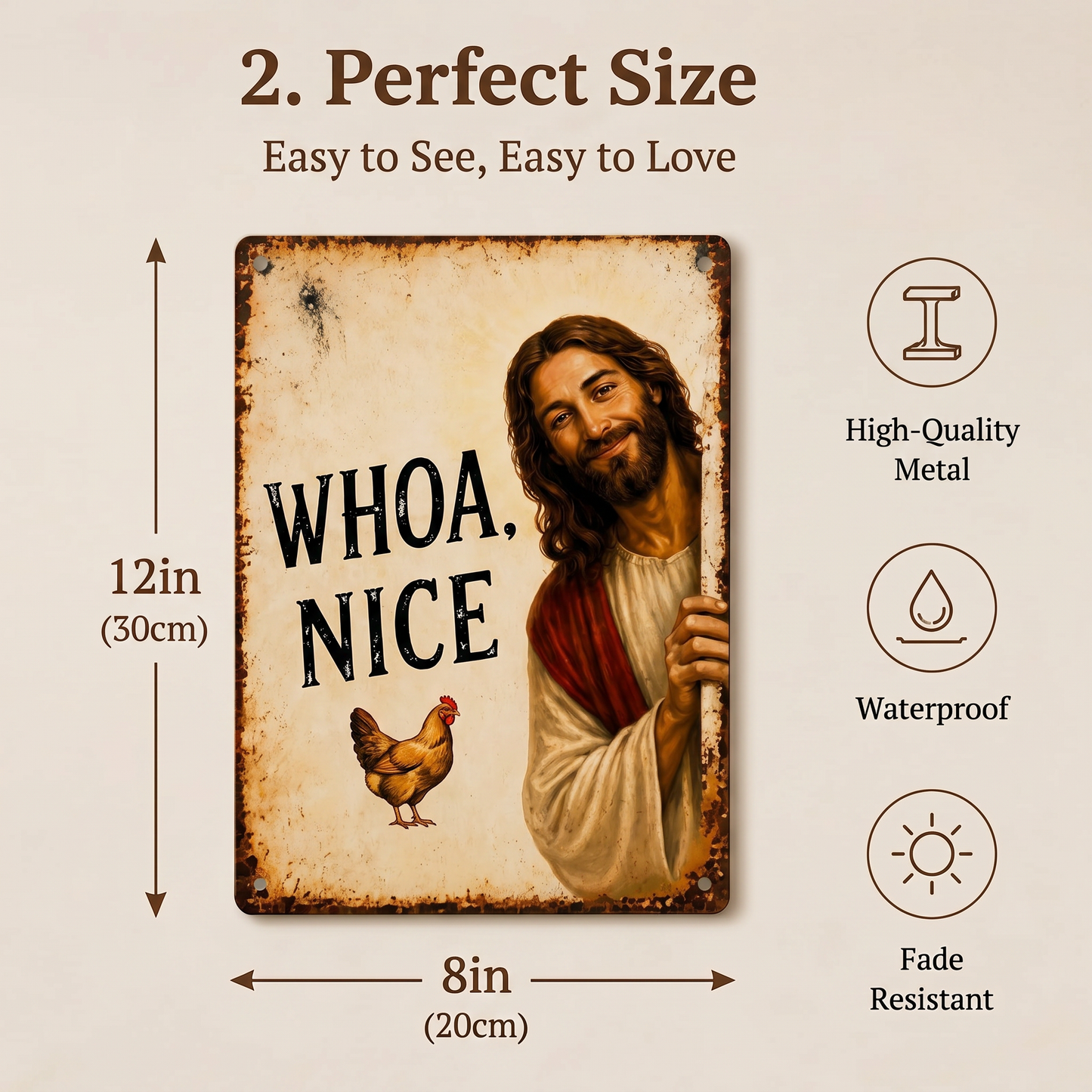 🤣Funny Bathroom Slogan Metal Tin Sign, Whoa Nice Peeking Jesus Chicken Vintage Farmhouse Wall Plaque
