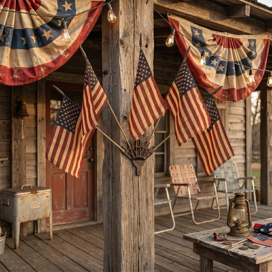 Vintage Tea Stained US Flag Set with Cast Iron Rake Holder, Farmhouse Patriotic Decor
