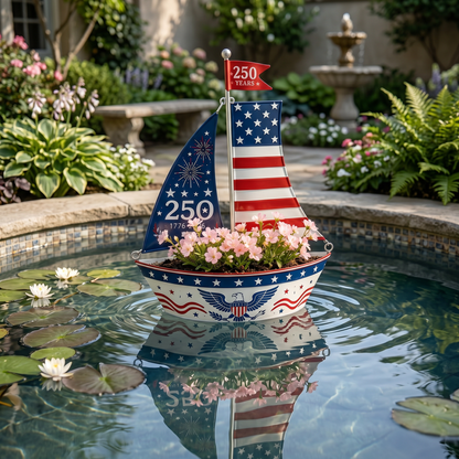 America 250 Years Patriotic Sailboat Metal Planter, Outdoor Garden & Wall Patriotic Decor