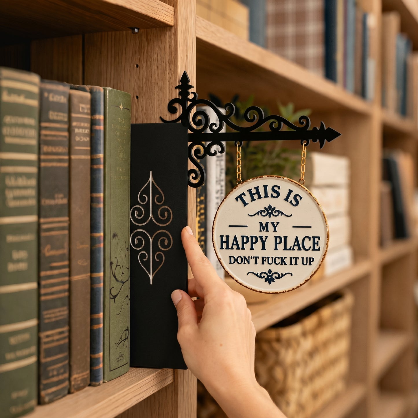Funny "This Is My Happy Place" Hanging Sign, Whimsical Bookshelf Decor