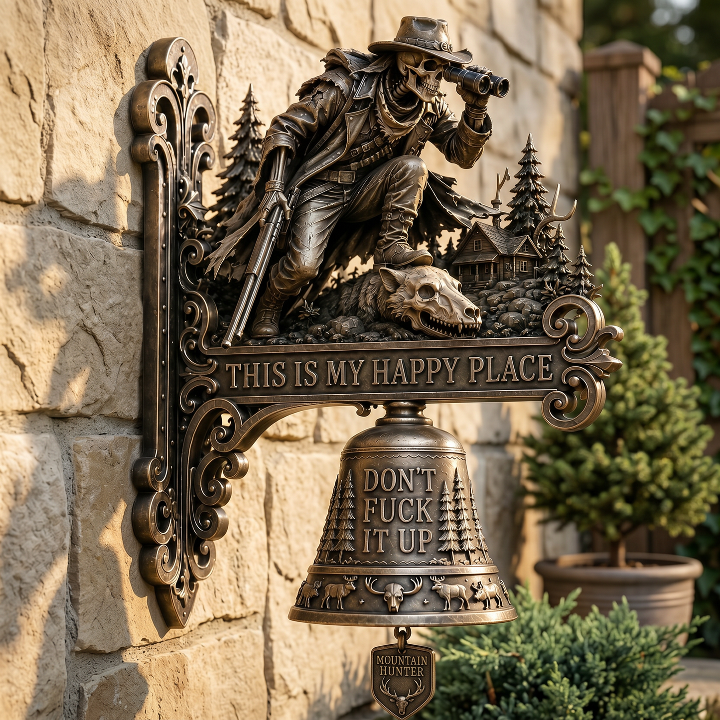 💀Skeleton Surfing & Hunter Wall Door Bell, Funny Vintage Bronze Metal Welcome Doorbell