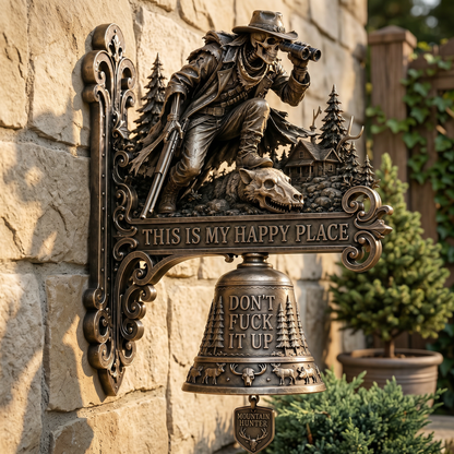 💀Skeleton Surfing & Hunter Wall Door Bell, Funny Vintage Bronze Metal Welcome Doorbell