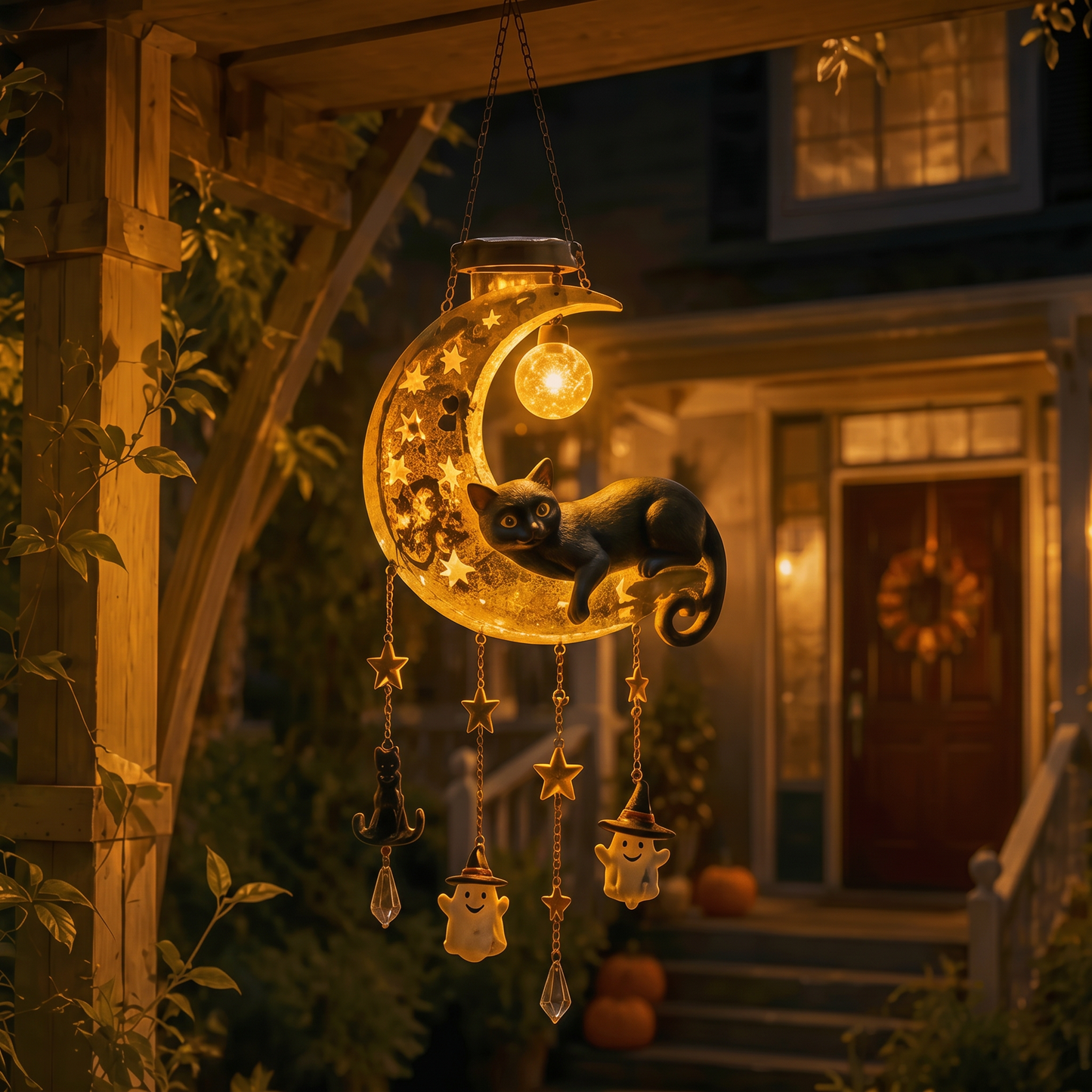 🔥Limited Time 35% OFF🌙🐱Halloween Black Cat Moon Solar Hanging Light