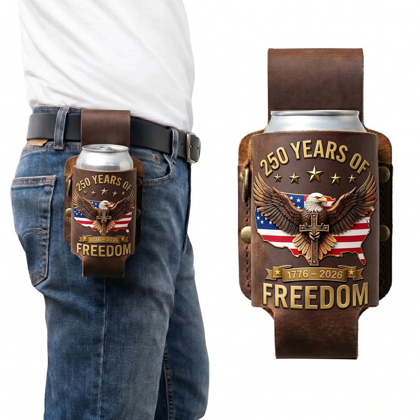 Full Grain Leather Belt Drink Holster | 250 Years of Freedom Eagle USA Can Cooler