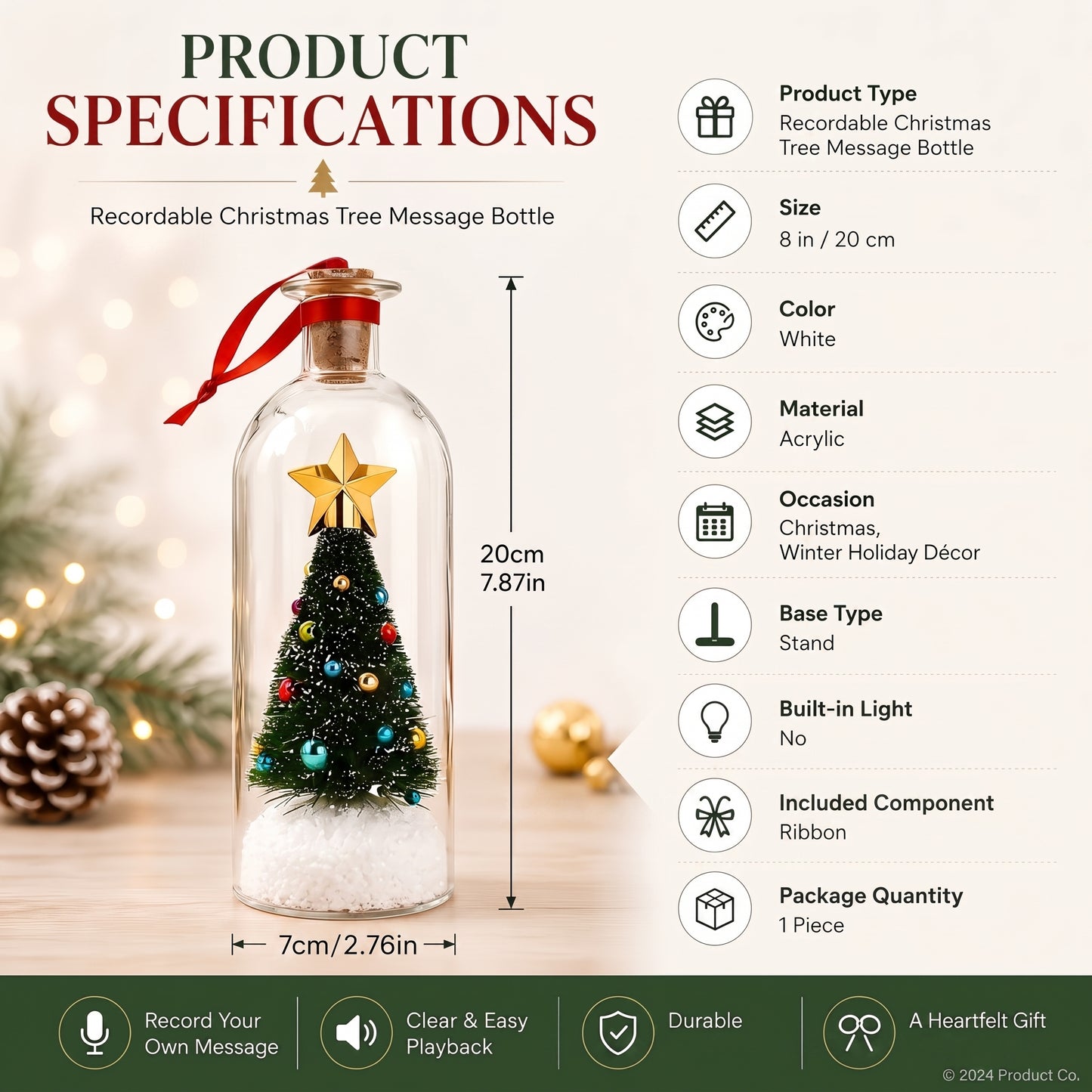 🔥Recordable Christmas Tree Bottle Ornament, Personalized Voice Message Holiday Tabletop Decor Gift
